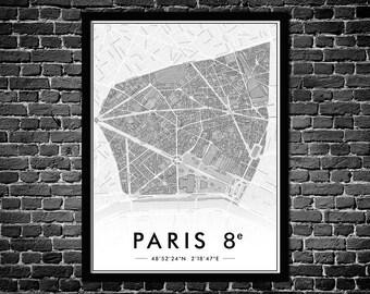 Poster Paris 8th Arrondissement | Wall Decoration City Plan | Original Poster Paris 75008 | FREE SHIPPING