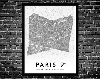 Poster Paris 9th Arrondissement | Wall Decoration City Plan | Original Poster Paris 75009 | FREE SHIPPING