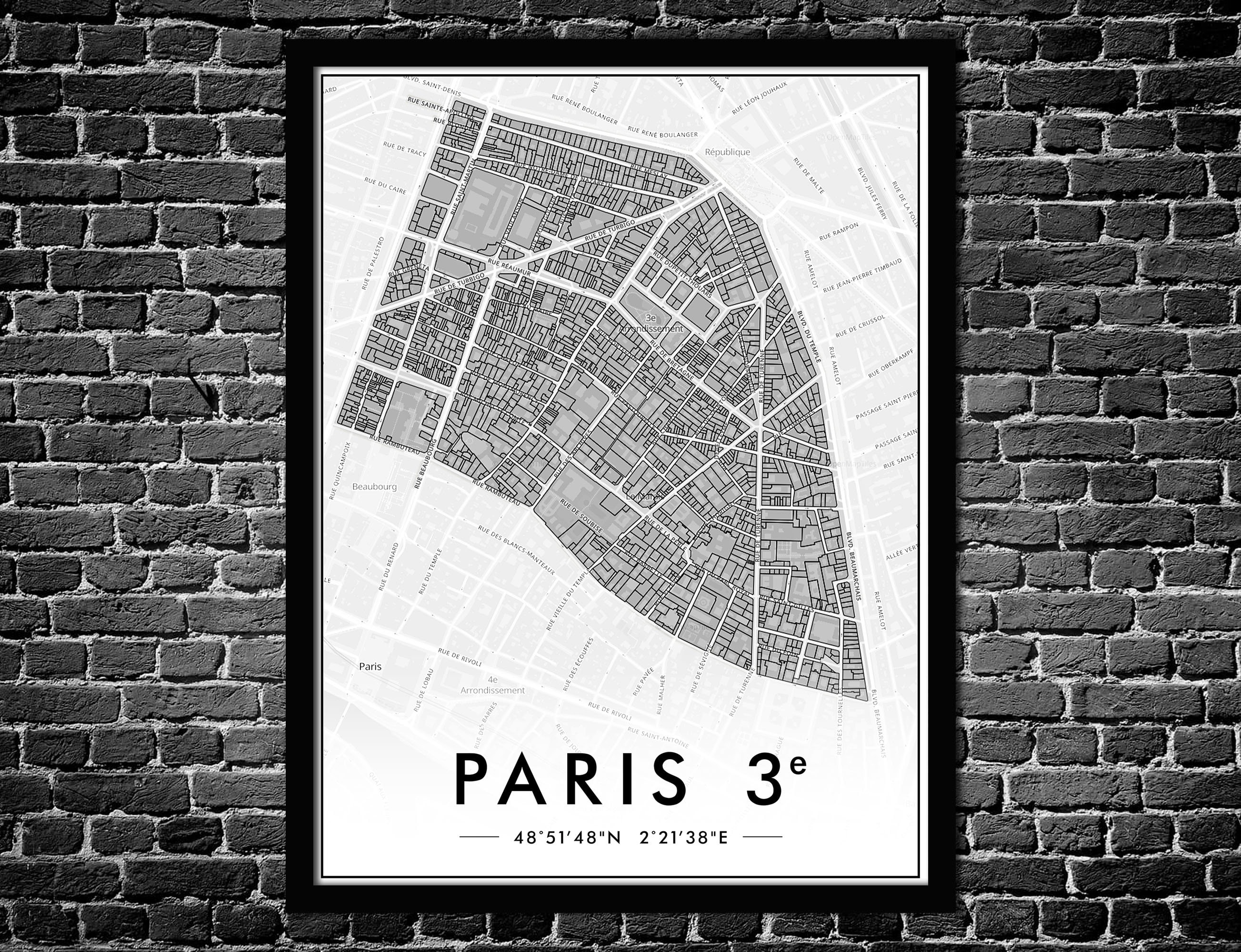Affiche Paris 3Ème Arrondissement | Décoration Murale Plan de Ville Poster Original 75003 Livraison 