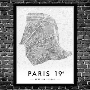 Affiche Paris 19ème Arrondissement | Décoration Murale Plan de Ville | Poster Original Paris 75019 | LIVRAISON GRATUITE