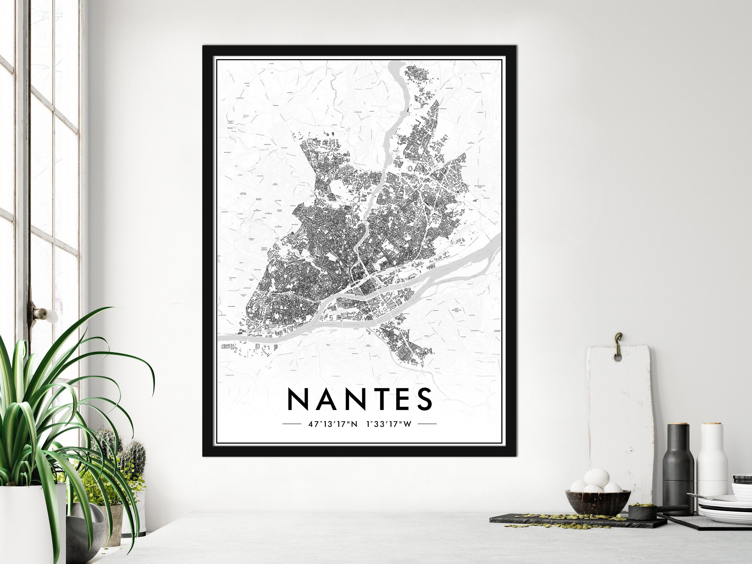 Affiche Nantes Noir&blanc | Poster Impression 300Dpi Carte de Pour Décoration Murale Personnalisatio