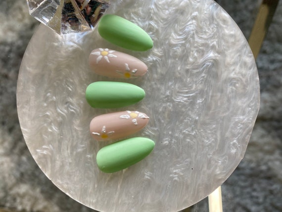 Spring Flowers Nails Mint Green Nails Press On Nails Set Etsy