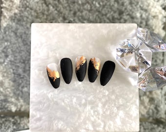 Autumn Fall Glam Matte Black Gold FoilHandmade Press on Nail Set, custom hand painted coffin almond stiletto tapered coffin long short nails