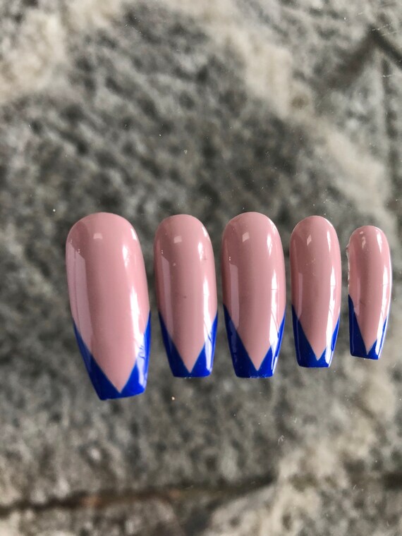 Blue French V Cut Nails Press On Nails Glue On Nails Etsy