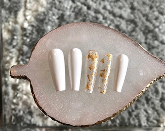 Gold Foil Nails  | 24K Gold Nails | White & Gold | Press on Nails Set | Hand Painted Nails | Custom Nails |