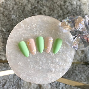 Spring Flowers Nails | Mint Green Nails Press on Nails Set Hand Painted Custom Nails Flower Nails cottagecore nails custom short long matte