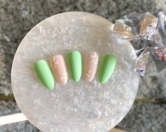 Spring Flowers Nails | Mint Green Nails Press on Nails Set Hand Painted Custom Nails Flower Nails cottagecore nails custom short long matte