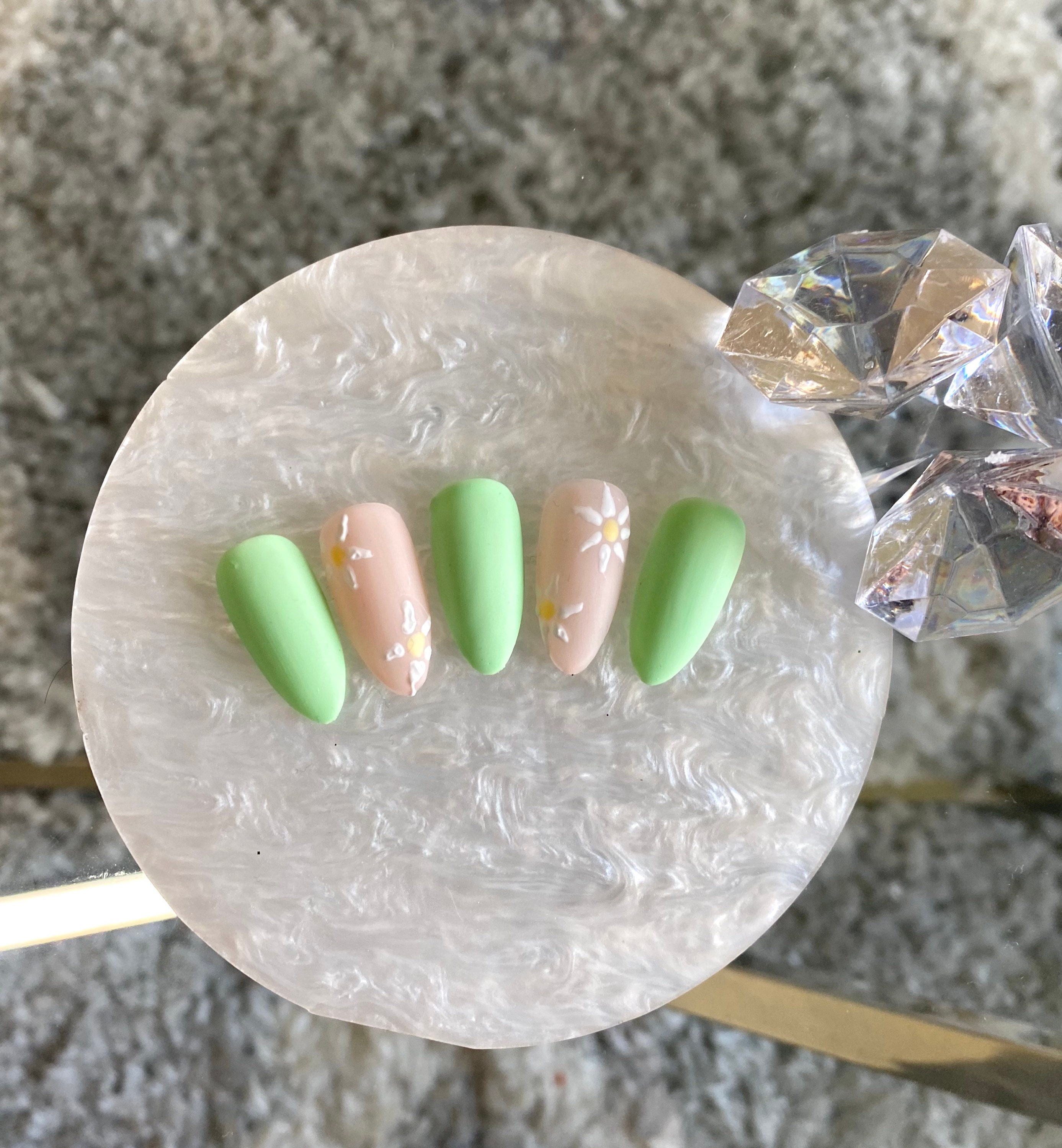 Spring Flowers Nails Mint Green Nails Press On Nails Set Etsy