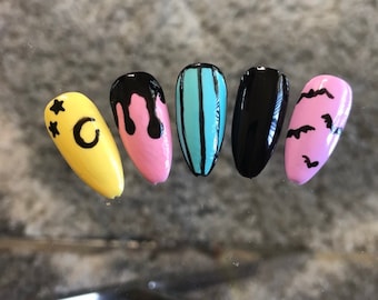 Pastel Goth Nails Kawaii Press on Nails Press on Nails Set Hand Painted Nails Custom Nails Halloween Goth E girl anime nails long short