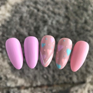 Matte Pastel Hearts | Pink Purple Blue Nails |  | Press on Nails Set | Hand Painted Nails | Custom Nails | Pastel Goth Nails |