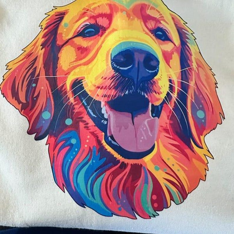 May include: A colorful graphic of a Golden Retriever dog's face. The dog's fur is rendered in vibrant hues of yellow, orange, red, and blue. The dog is smiling with its tongue out, and the image has a pop art style.