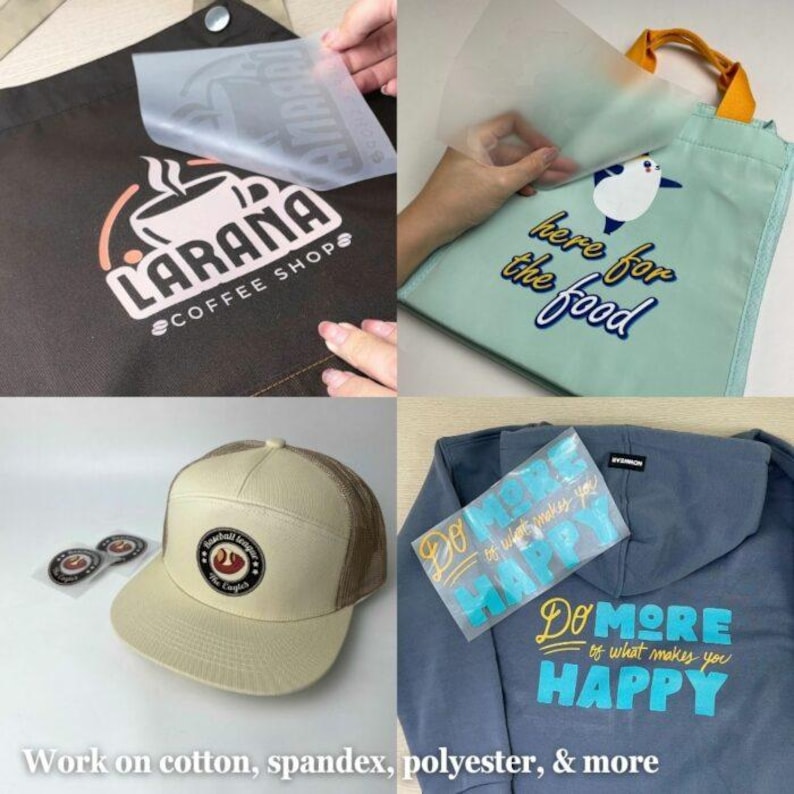 May include: A collage of items with heat transfer vinyl designs. Includes a brown apron with a coffee shop logo, a light blue tote bag with a penguin, a tan baseball cap, and a blue hoodie. Text on the image reads "Do more of what makes you HAPPY."