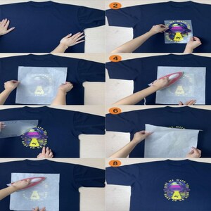 May include: A step-by-step guide on how to apply a graphic to a navy blue t-shirt. The process involves placing the graphic, covering it with parchment paper, and using an iron to transfer the design. The final image shows the completed design.