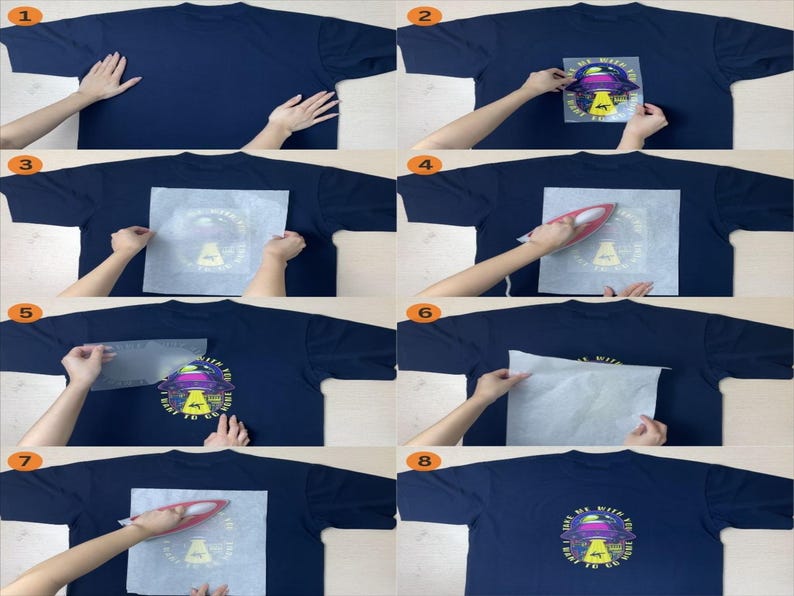 May include: A step-by-step guide on how to apply a graphic to a navy blue t-shirt. The process involves placing the graphic, covering it with parchment paper, and using an iron to transfer the design. The final image shows the completed design.
