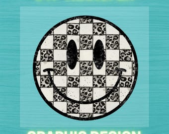 Smiley Face DTF Transfer | Checkered Smiley Leopard Print | Ready to Press DTF Heat Transfer for T-Shirts, Hoodies