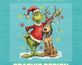 Retro Grinch and Dog  DTF Ready to Press Heat Transfer, Christmas Grinch Print