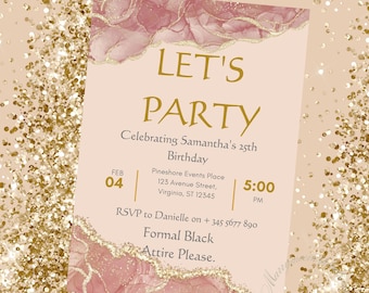 Plantilla de invitación de cumpleaños editable en rosa y dorado para mujer, descarga instantánea e imprimible para cualquier edad.