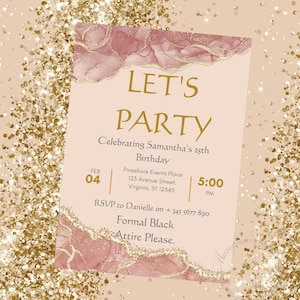 Pink and Gold Editable Birthday Invitation Template Party Invite, Pink and Gold Invitation For Women, Instant Download Printable ANY AGE