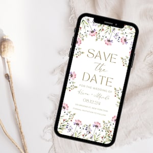 Wildflower Digital Save The Date Einladung, elektronische Hochzeit E-vite, Hochzeit Evite Wildflower, Telefoneinladung bearbeitbare Evite Vorlage