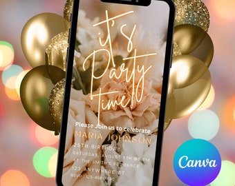 Plantilla de invitación de cumpleaños digital con luz de neón, invitación telefónica por mensaje de texto, resplandor amarillo caliente, fiesta de chicas adolescentes, cualquier edad móvil Evite