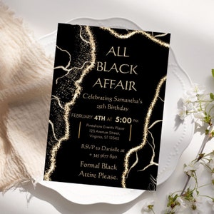 All Black Party Invitation, All Black Affair Invitation, Agate Birthday Invite, Editable BIRTHDAY EVITE, Digital Invite, Text Invite