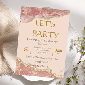 Pink and Gold Birthday Invitation Template Editable Party Invite, Pink ...