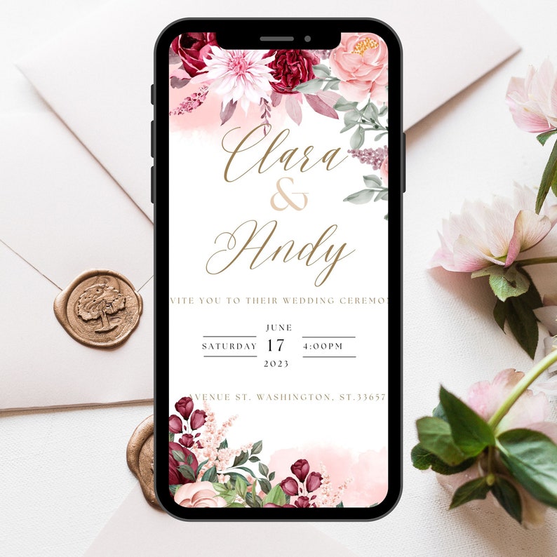 Electronic Invitation Blush Pink Flowers Smartphone Evite Etsy
