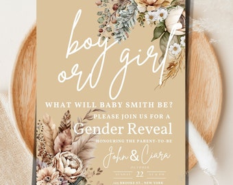 Boho Pampas Grass Gender Reveal Invitation Template (Canva Editable)