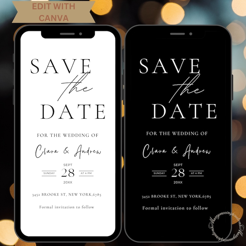 May include: Two smartphone screens showing a minimalist "Save the Date" wedding invitation. The design features elegant typography with the names "Clara & Andrew", date, time, and address. The text is in black and white.