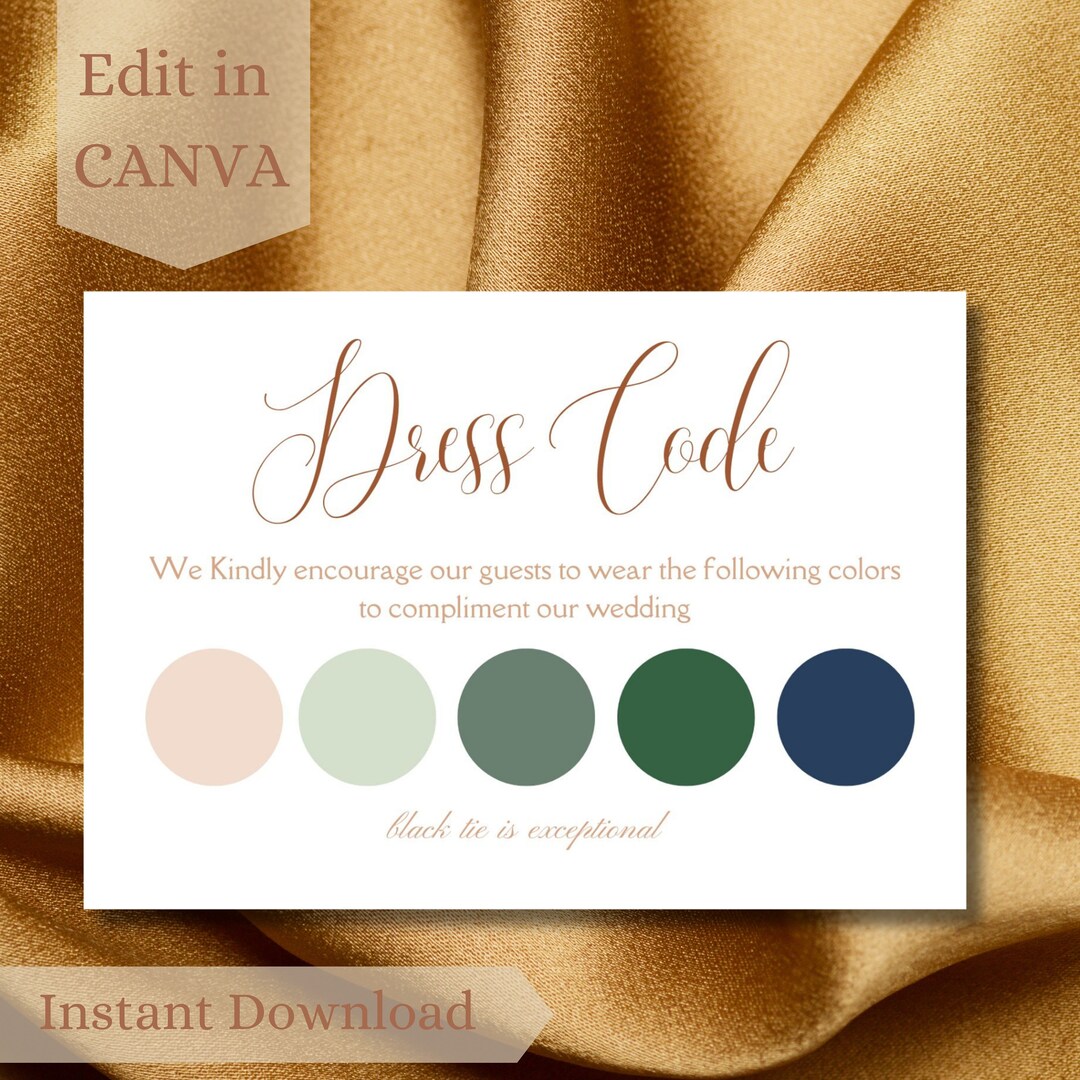 Wedding Attire Dress Code Card Template, Editable Wedding Color Palette ...