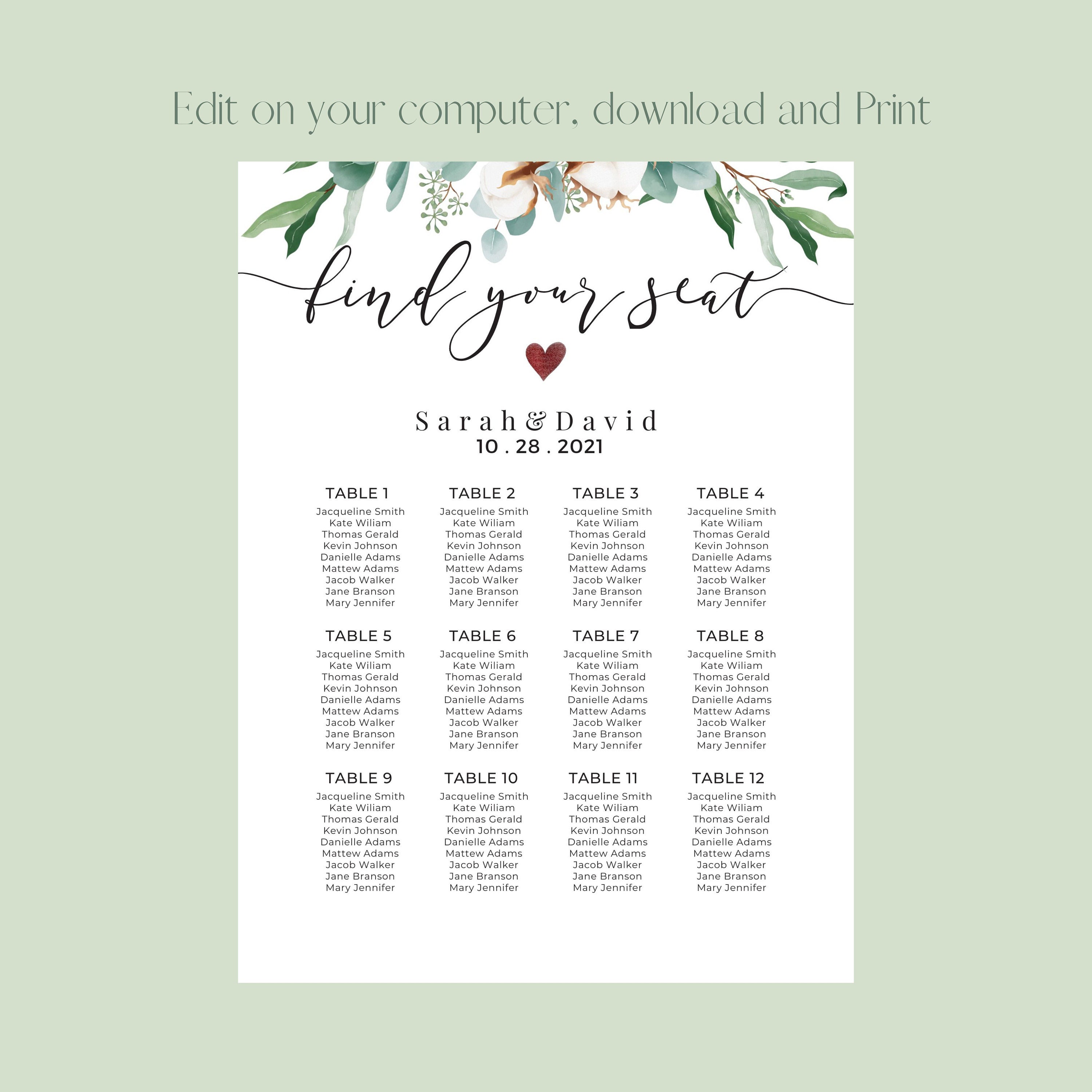 Wedding Seating Chart Template ,table Seating Chart ,take a Seat Rehearsal Dinner, DIY Wedding ...
