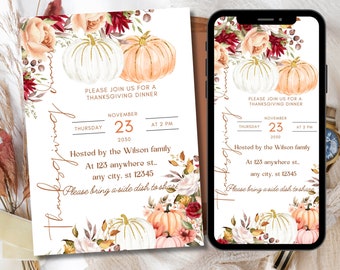 Thanksgiving Dinner Invitation Template, Pumpkin Floral Design (Digital Download)