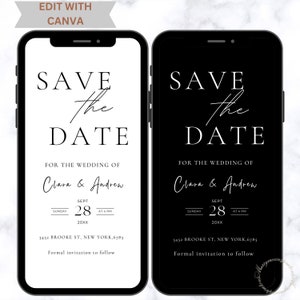 May include: Two smartphone screens showing a minimalist wedding invitation. The text reads "Save the Date" with the names Clara & Andrew, date, time, and address. One screen is white, the other black.