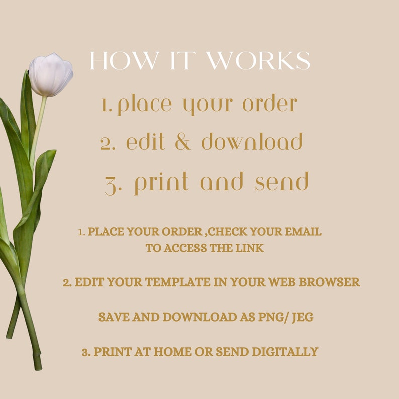May include: A beige graphic with the text "HOW IT WORKS" and instructions: "place your order", "edit & download", and "print and send". A white tulip and green leaves are in the upper left corner. Instructions are provided below the main steps.