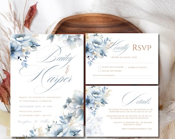Floral Wedding Invitation Set Template Blue, Elegant Wedding Invite Suite Canva, Blue Wedding Invite Bundle, Printable Wedding Invites