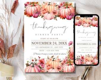 Floral Pumpkin Thanksgiving Dinner Invitation, Evite Template (Digital)
