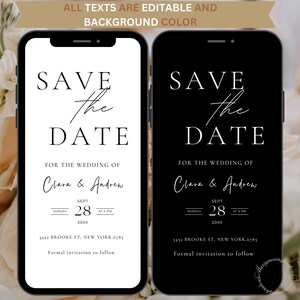 May include: Two smartphones showing a wedding invitation. The invitation text reads "Save the Date" with the names Clara & Andrew, date, time, and address. The background has a soft floral design.