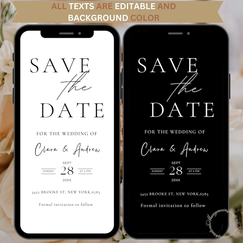 May include: Two smartphones showing a wedding invitation. The invitation text reads "Save the Date" with the names Clara & Andrew, date, time, and address. The background has a soft floral design.