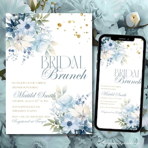 Bridal Brunch Invitation Template, Blue Floral Bridal Shower Invite, Bright Floral Bridal Shower Invite, Editable Blue Flowers Shower Evite