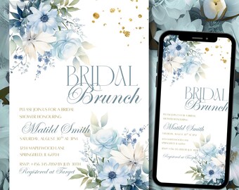 Bridal Brunch Invitation Template, Blue Floral Bridal Shower Invite, Bright Floral Bridal Shower Invite, Editable Blue Flowers Shower Evite