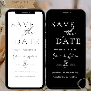 May include: Two smartphone screens showing a wedding save-the-date invitation. The text reads "Save the Date" with the names Clara & Andrew, date, time, and address. One screen is white, the other black.