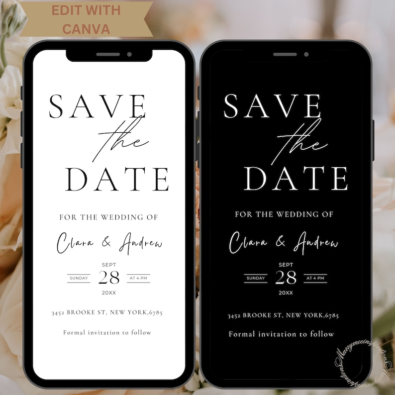 May include: Two smartphone screens showing a wedding save-the-date invitation. The text reads "Save the Date" with the names Clara & Andrew, date, time, and address. One screen is white, the other black.
