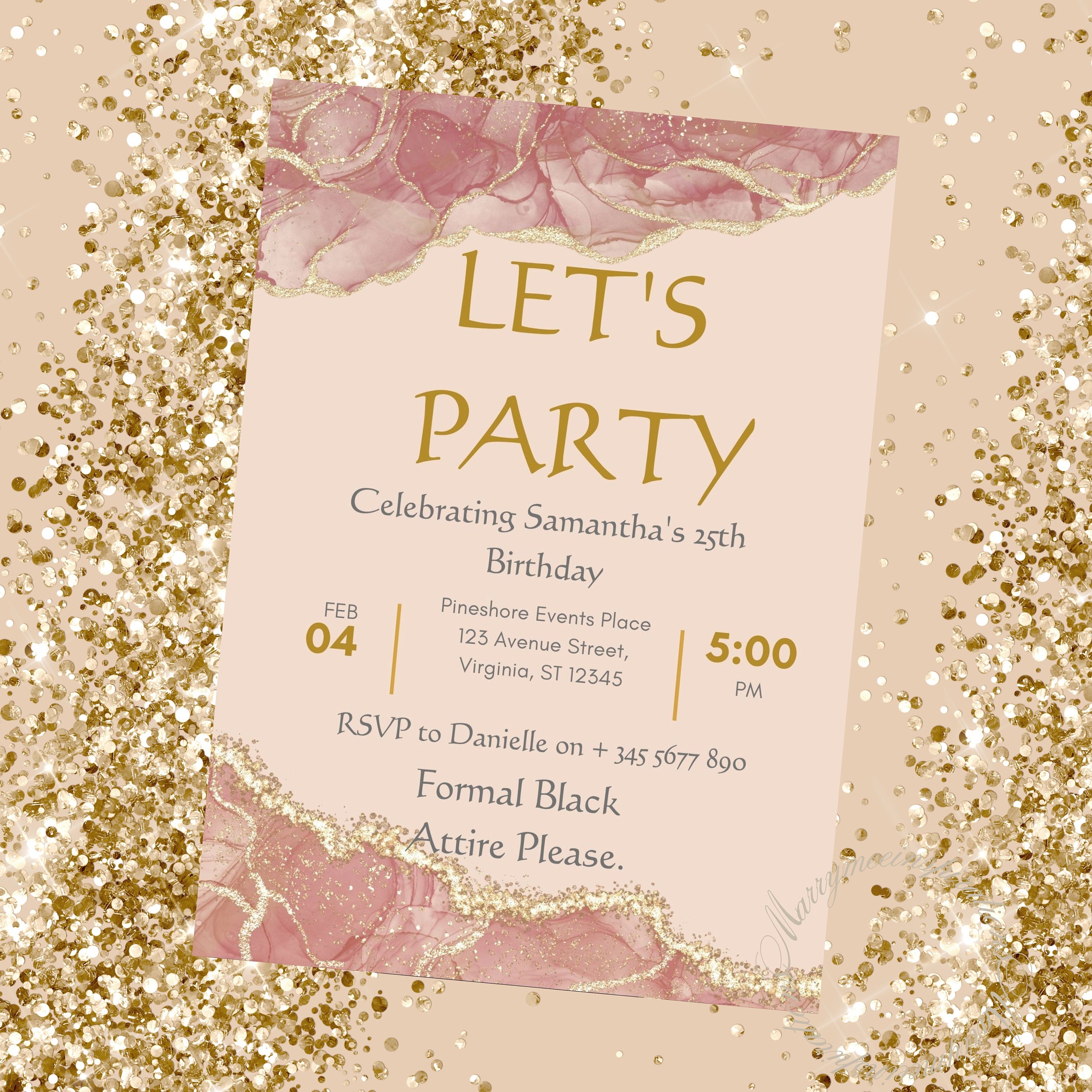 Pink and Gold Birthday Invitation Template Editable Party - Etsy UK