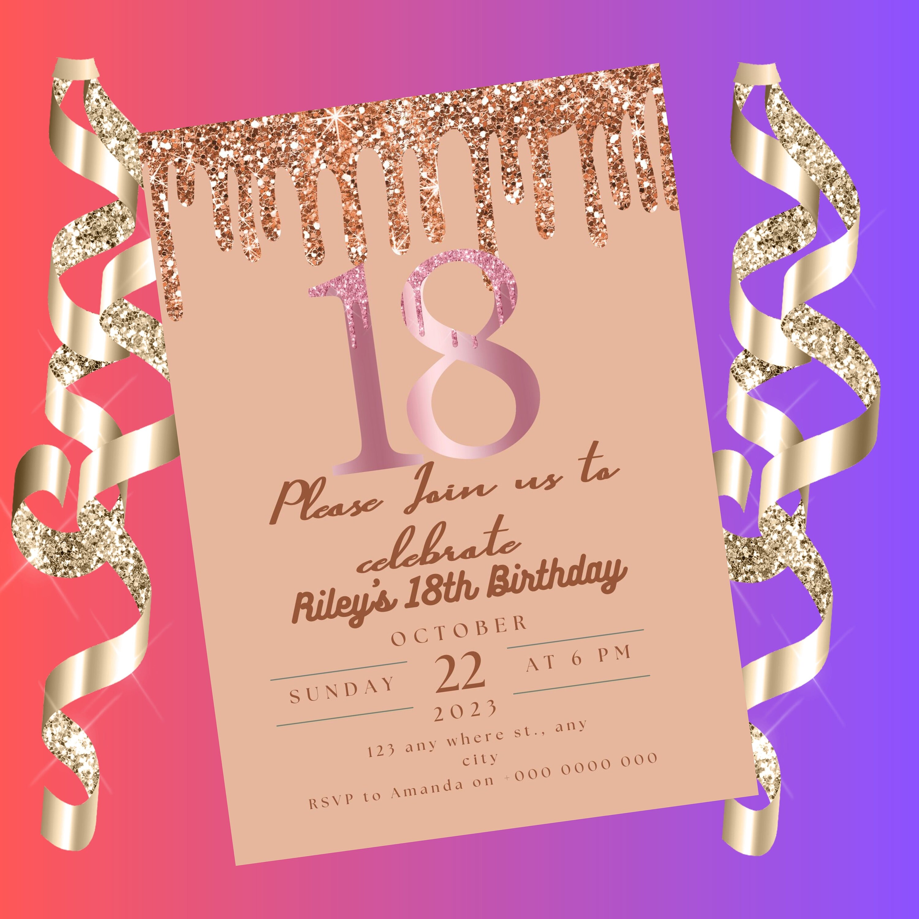 Editable 18th Birthday Invitation Rose Gold and Black Etsy UK