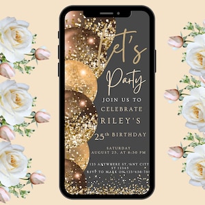 Black and Gold Digital Birthday Invitation Template, Text Message Phone Invite, Girl Bday Party Invitation, Any Age Birthday Invitation