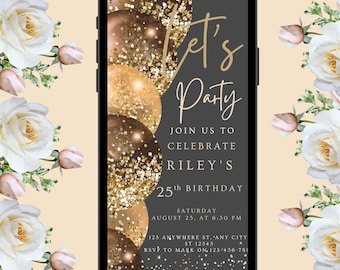 Black and Gold Birthday Invitation Template, Sparkly Balloons (Digital)