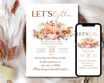 Pumpkin Thanksgiving Dinner Invitation Template, Digital Invite (5x7, 1080x1920 px)