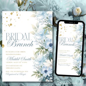 Bridal Brunch Invitation Template, Blue Floral Bridal Shower Invite, Bright Floral Bridal Shower Invite, Editable Blue Flowers Shower Evite