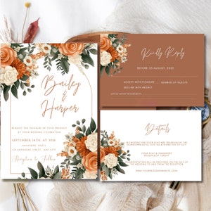 Bohemian Pampas Wedding Invitation Set Editable, Printable Wedding Invitation Template, Terracotta Rust Invite, Editable Invitation Floral