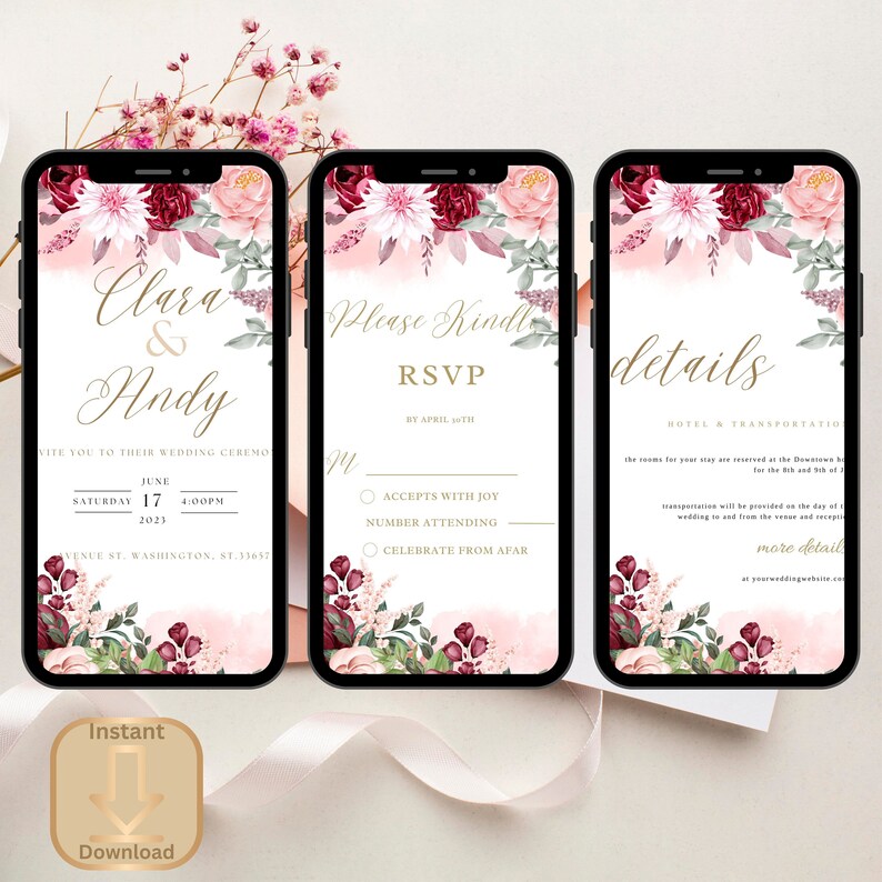 Burgundy Digital Wedding Invitation Set Electronic Wedding image 1